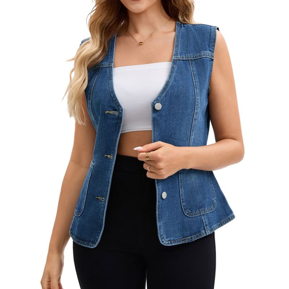 Women Denim Vest V Neck Wash Sleeveless with Patch Pocket Jean Jacket Dark Blue